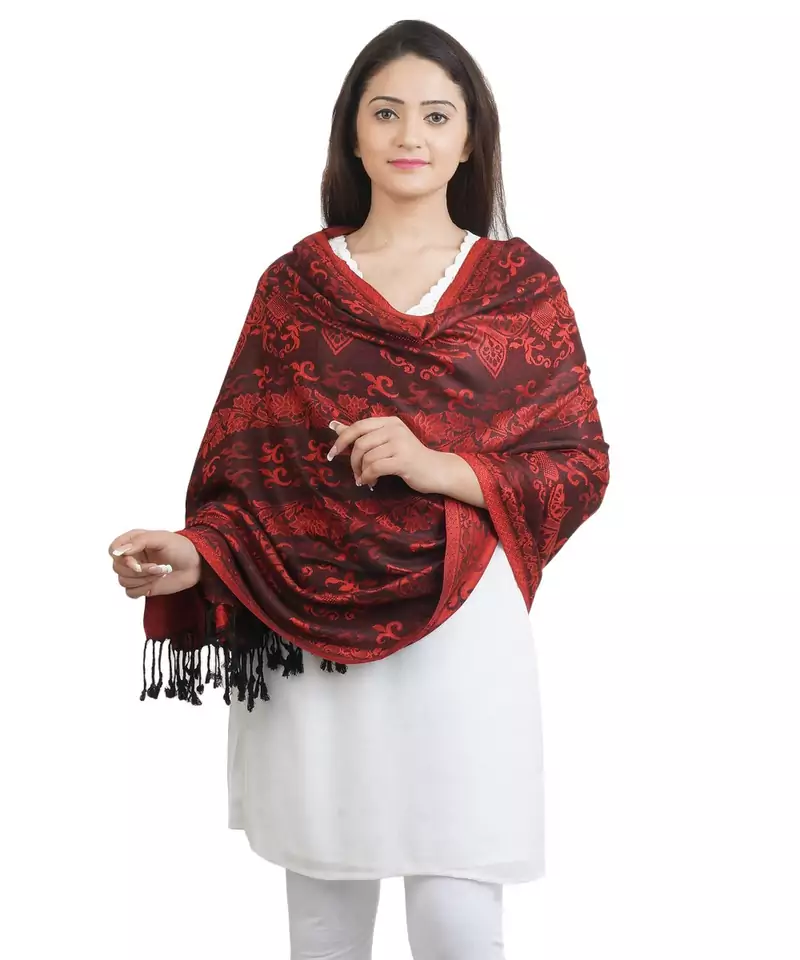 Maroon/Black Floral Viscose shawl (70X200 cm)