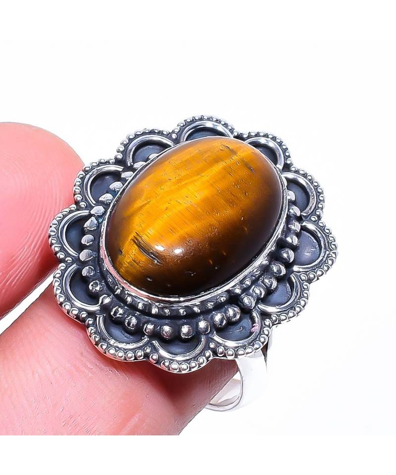 Luxurious Tiger'S Eye Ethnic Silver Jewelry Ring Size 9.5 Ar3592