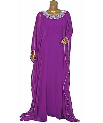 Purple Embroidered Crystal Beads work Chiffon Kaftan Gown Farasha 1