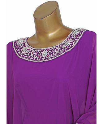 Purple Embroidered Crystal Beads work Chiffon Kaftan Gown Farasha 4