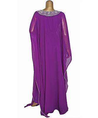 Purple Embroidered Crystal Beads work Chiffon Kaftan Gown Farasha 5