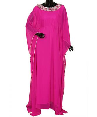 Fuchsia Pink Embroidered Crystal Beads work Chiffon Kaftan Gown Farasha 1