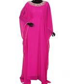 Fuchsia Pink Embroidered Crystal Beads work Chiffon Kaftan Gown Farasha