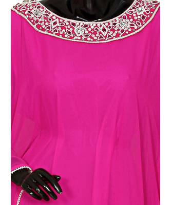 Fuchsia Pink Embroidered Crystal Beads work Chiffon Kaftan Gown Farasha 2