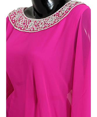 Fuchsia Pink Embroidered Crystal Beads work Chiffon Kaftan Gown Farasha 4