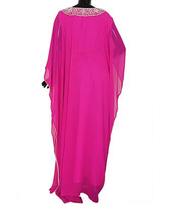 Fuchsia Pink Embroidered Crystal Beads work Chiffon Kaftan Gown Farasha 5
