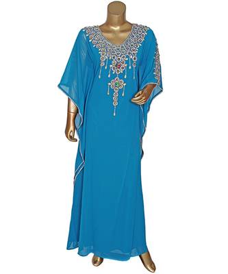 Turquoise Blue Embroidered stone work Traditional Chiffon Kaftan Gown Farasha 1