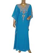 Turquoise Blue Embroidered stone work Traditional Chiffon Kaftan Gown Farasha