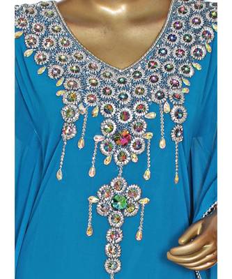 Turquoise Blue Embroidered stone work Traditional Chiffon Kaftan Gown Farasha 2