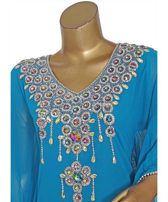 Turquoise Blue Embroidered stone work Traditional Chiffon Kaftan Gown Farasha 4