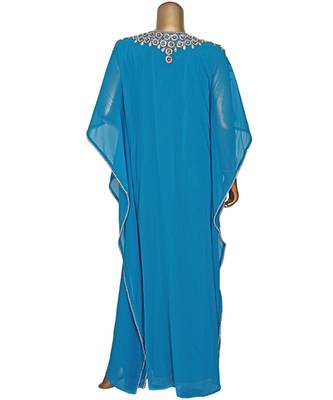 Turquoise Blue Embroidered stone work Traditional Chiffon Kaftan Gown Farasha 5