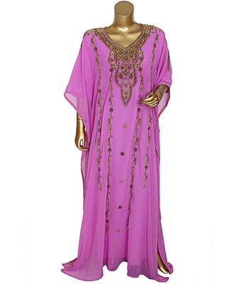 Lilac Embroidered Beads work Traditional Islamic Chiffon Kaftan Gown Farasha 1