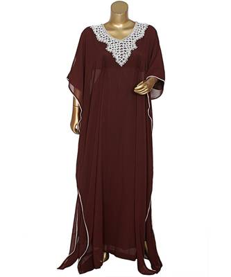 Brown Embroidered Stone Beads work Traditional Chiffon Kaftan Gown Farasha 1