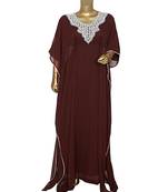 Brown Embroidered Stone Beads work Traditional Chiffon Kaftan Gown Farasha