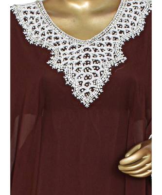 Brown Embroidered Stone Beads work Traditional Chiffon Kaftan Gown Farasha 2