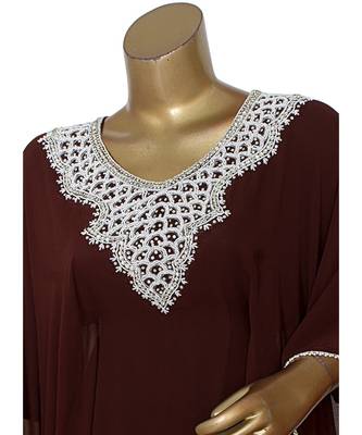 Brown Embroidered Stone Beads work Traditional Chiffon Kaftan Gown Farasha 5