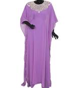 Lilac Embroidered Crystal Embellished Arabian Traditional Chiffon Kaftan Farasha