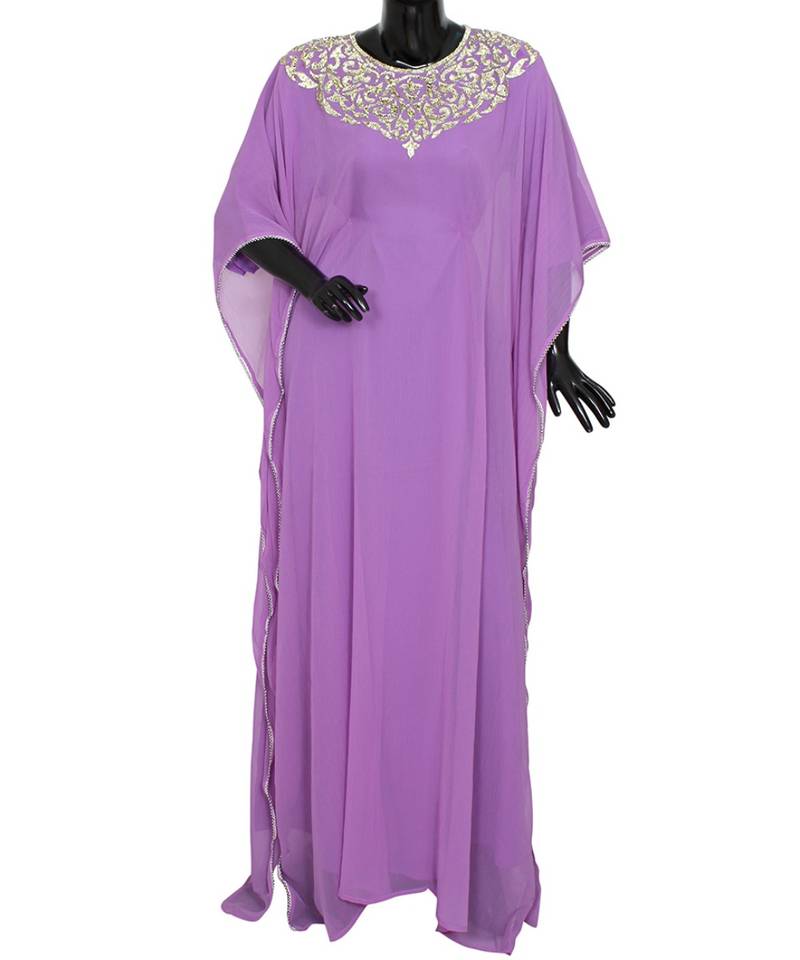 Lilac Embroidered Crystal Embellished Arabian Traditional Chiffon Kaftan Farasha