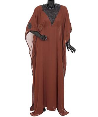 Red Embroidered Beads Embellished Arabian Traditional Chiffon Kaftan Farasha 1