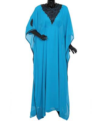 Turquoise Blue Embroidered Beads Embellished Traditional Chiffon Kaftan Farasha 1