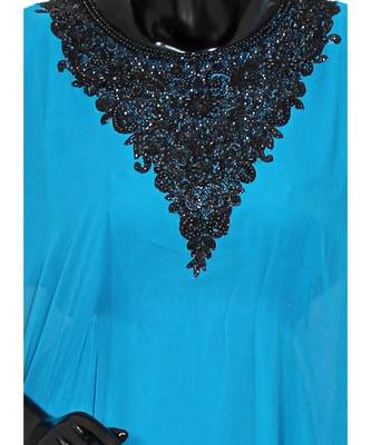 Turquoise Blue Embroidered Beads Embellished Traditional Chiffon Kaftan Farasha 2