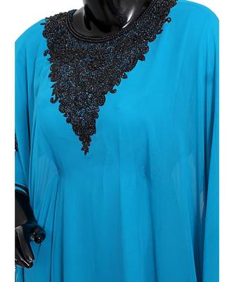 Turquoise Blue Embroidered Beads Embellished Traditional Chiffon Kaftan Farasha 3