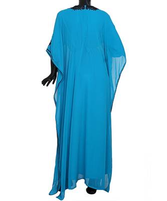 Turquoise Blue Embroidered Beads Embellished Traditional Chiffon Kaftan Farasha 5