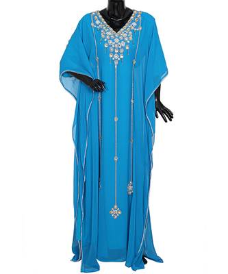 Turquoise Blue Embroidered Crystal Embellished Chiffon Kaftan Abaya Farasha 1