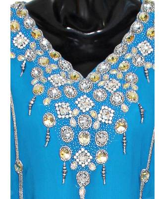Turquoise Blue Embroidered Crystal Embellished Chiffon Kaftan Abaya Farasha 2