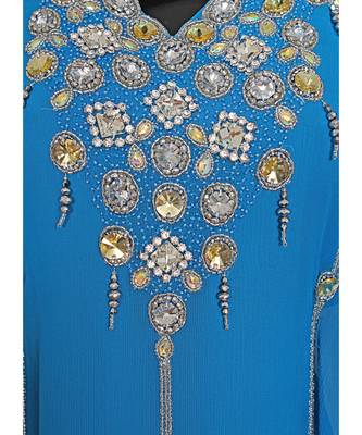 Turquoise Blue Embroidered Crystal Embellished Chiffon Kaftan Abaya Farasha 3