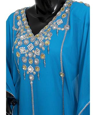 Turquoise Blue Embroidered Crystal Embellished Chiffon Kaftan Abaya Farasha 4