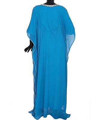 Turquoise Blue Embroidered Crystal Embellished Chiffon Kaftan Abaya Farasha 5