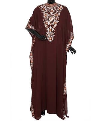 Brown Embroidered Traditional Classic Arabian Chiffon Kaftan Abaya Farasha 1