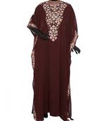 Brown Embroidered Traditional Classic Arabian Chiffon Kaftan Abaya Farasha