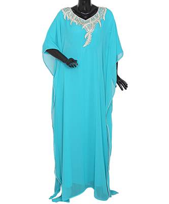 Aqua Green Crystal Embellished Traditional Arabian Kaftan Gown Farasha Caftan 1