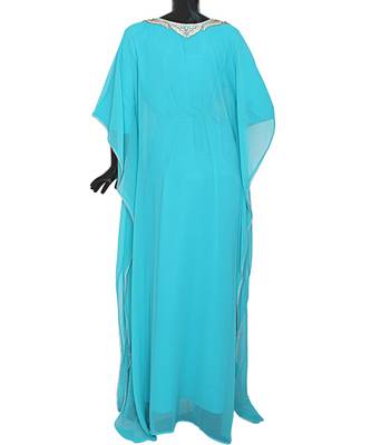 Aqua Green Crystal Embellished Traditional Arabian Kaftan Gown Farasha Caftan 5