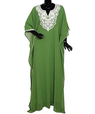Olive Green Embroidered Beads Embellished Chiffon Kaftan Gown Farasha 1