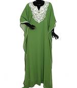 Olive Green Embroidered Beads Embellished Chiffon Kaftan Gown Farasha