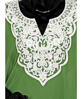 Olive Green Embroidered Beads Embellished Chiffon Kaftan Gown Farasha 2