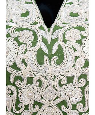 Olive Green Embroidered Beads Embellished Chiffon Kaftan Gown Farasha 3