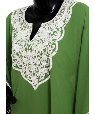 Olive Green Embroidered Beads Embellished Chiffon Kaftan Gown Farasha 4