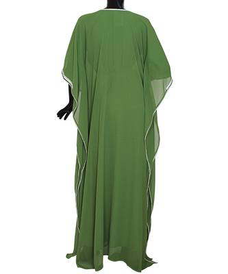 Olive Green Embroidered Beads Embellished Chiffon Kaftan Gown Farasha 5