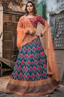 blue and purple embroidered lehenga set choli with dupatta