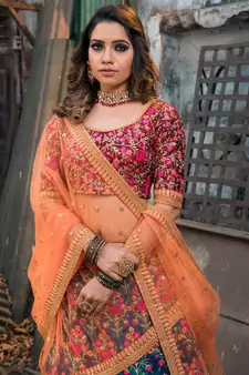 blue and purple embroidered lehenga set choli with dupatta