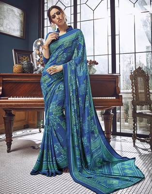Blue printed crepe saree with blouse 1