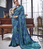 Blue printed crepe saree with blouse