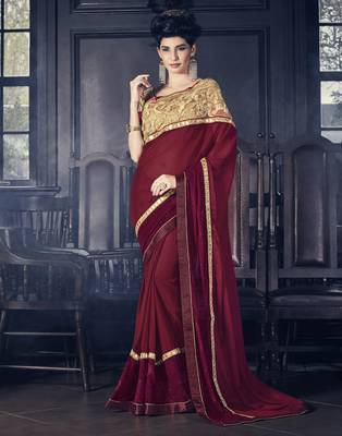Maroon embroidered chiffon saree with blouse 1