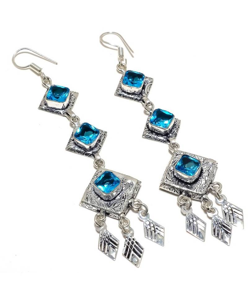 Blue Topaz Gemstone Ethnic  Silver Jewelry Earring 2.56"
