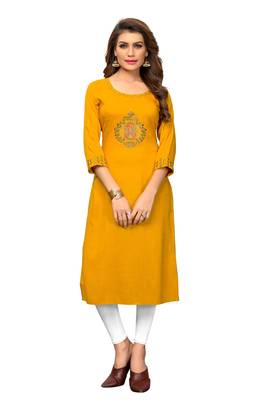 Yellow embroidered rayon kurti 1