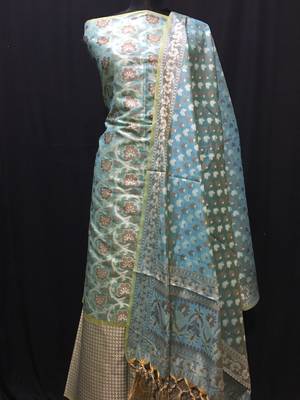 blue woven banarasi cotton unstitched salwar with dupatta 1